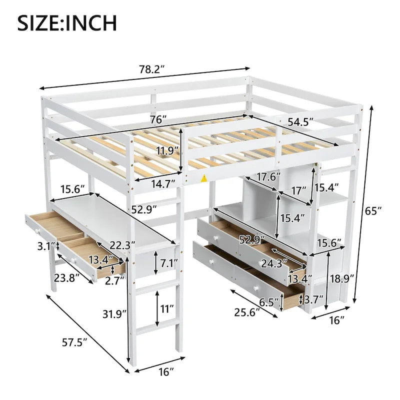 White Pine Full Loft Bed with Built-in Desk and Storage Drawers