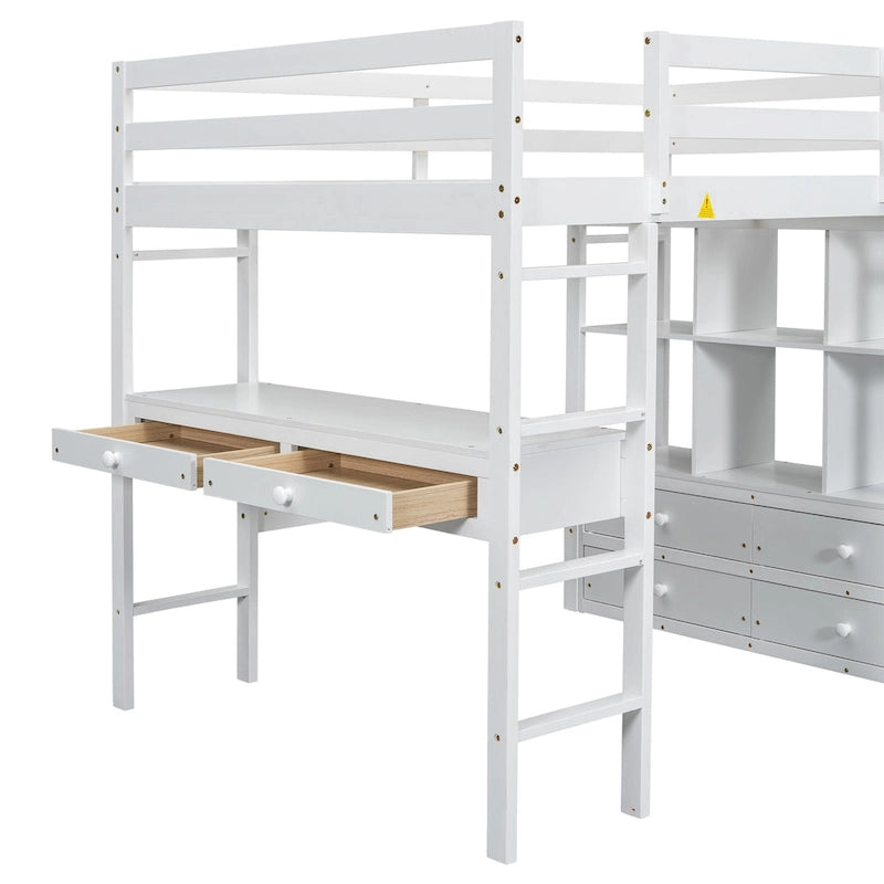 White Pine Full Loft Bed with Built-in Desk and Storage Drawers