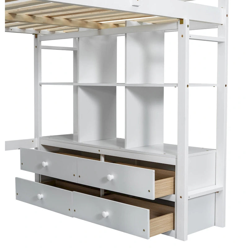 White Pine Full Loft Bed with Built-in Desk and Storage Drawers
