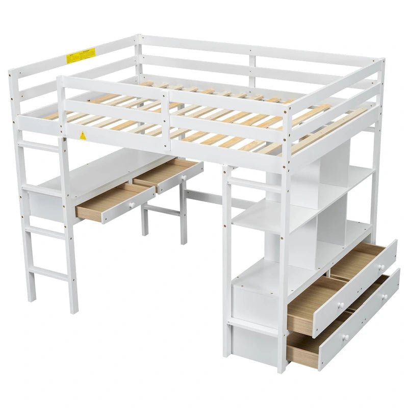 White Pine Full Loft Bed with Built-in Desk and Storage Drawers