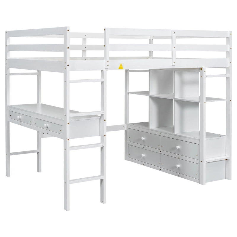 White Pine Full Loft Bed with Built-in Desk and Storage Drawers