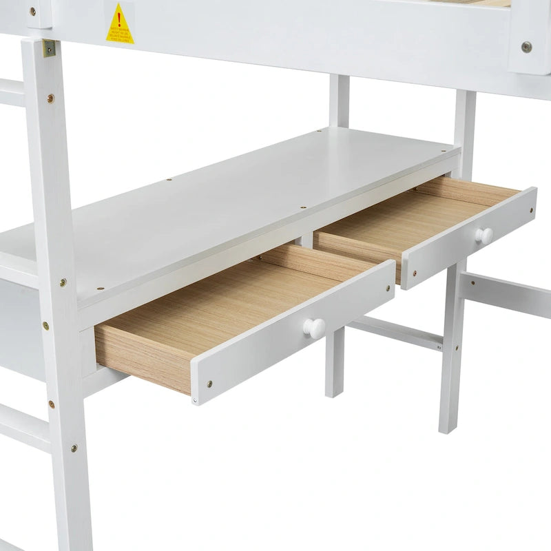 White Pine Full Loft Bed with Built-in Desk and Storage Drawers