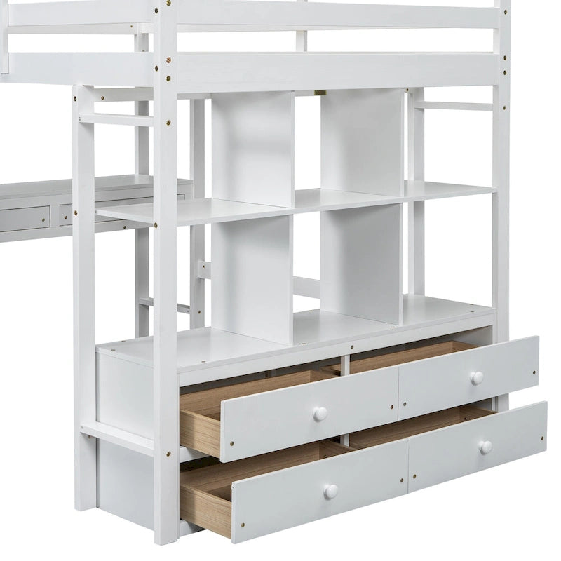 White Pine Full Loft Bed with Built-in Desk and Storage Drawers