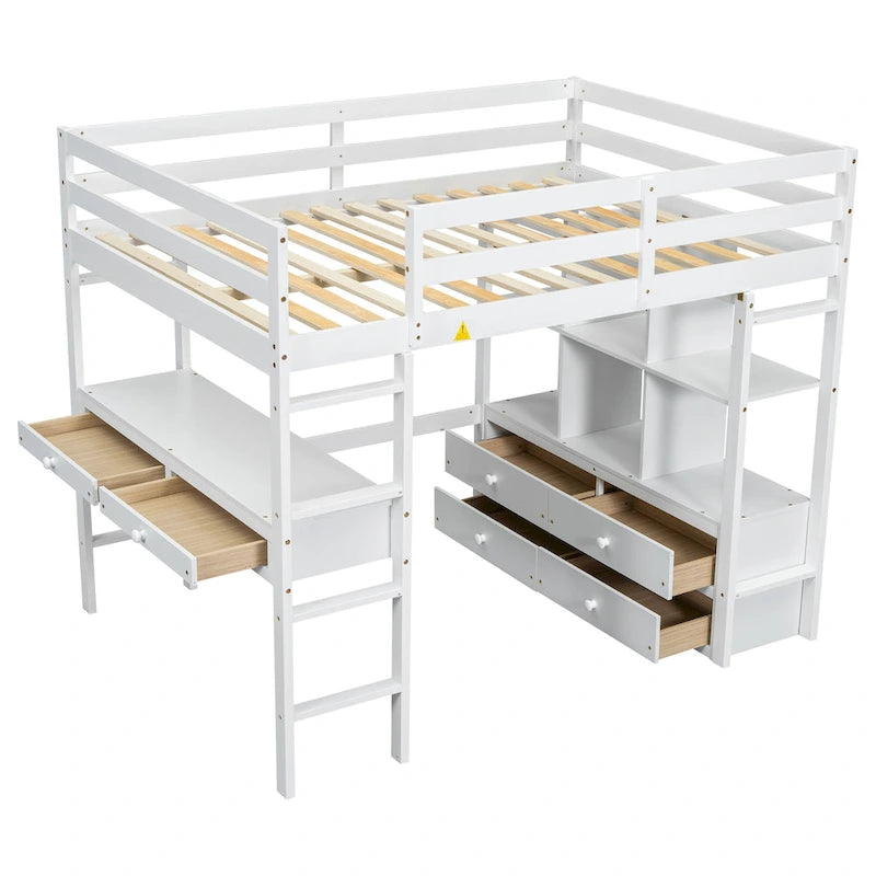 White Pine Full Loft Bed with Built-in Desk and Storage Drawers
