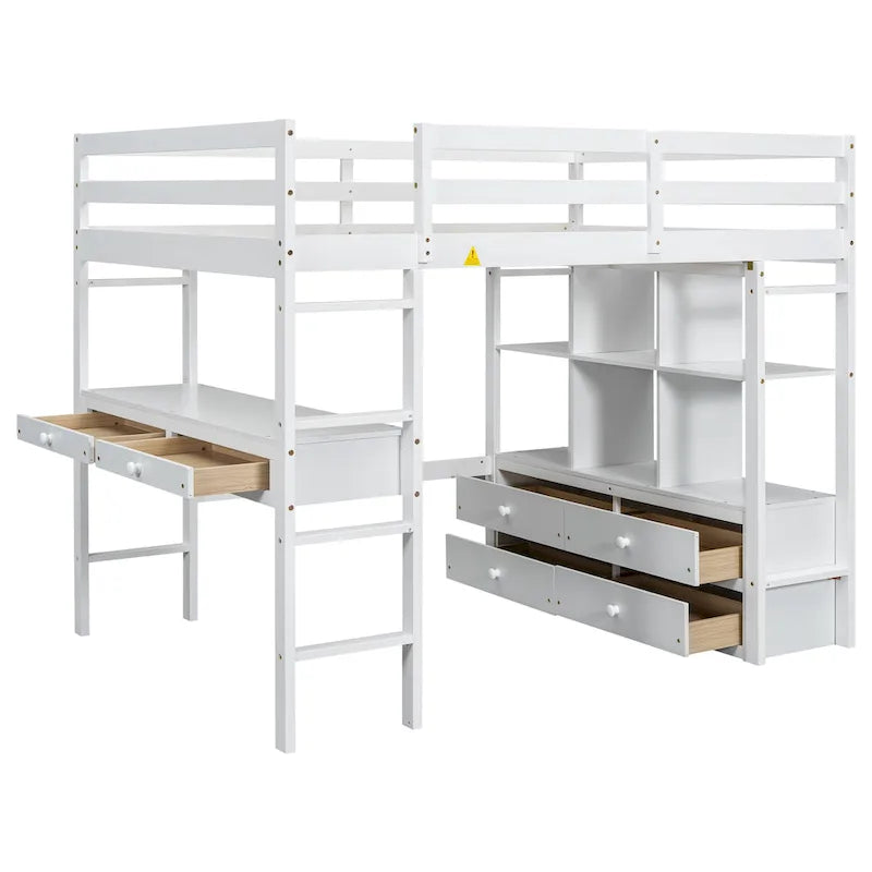 White Pine Full Loft Bed with Built-in Desk and Storage Drawers