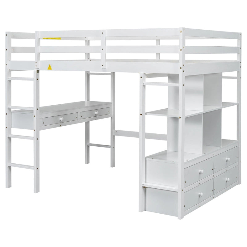 White Pine Full Loft Bed with Built-in Desk and Storage Drawers
