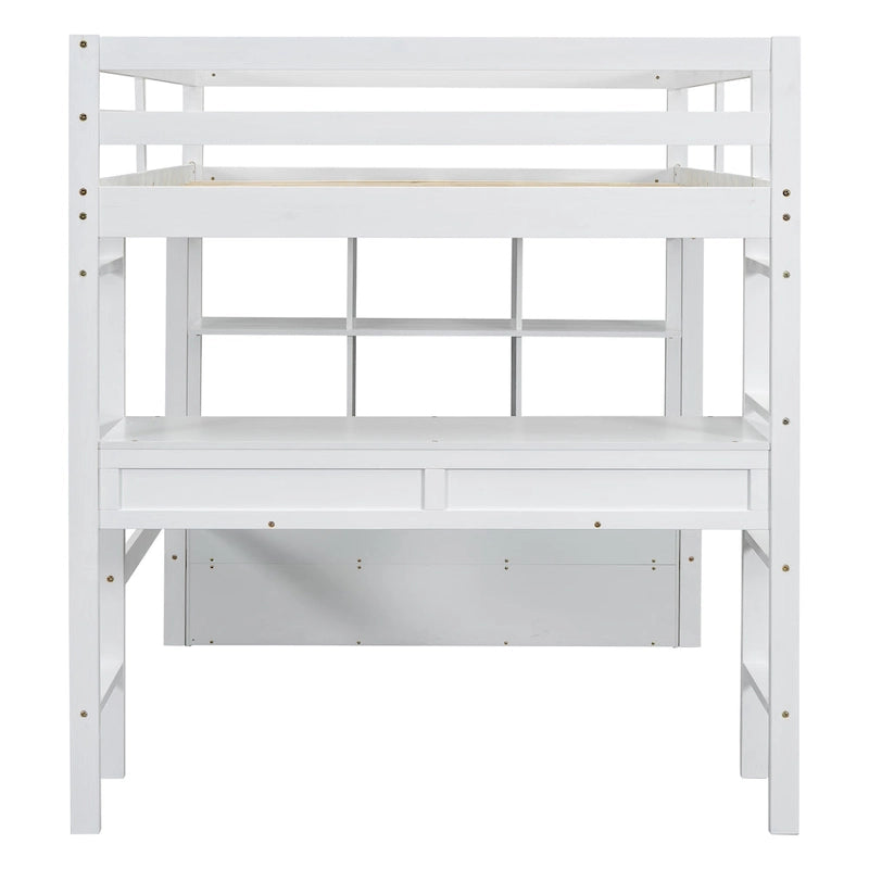 White Pine Full Loft Bed with Built-in Desk and Storage Drawers