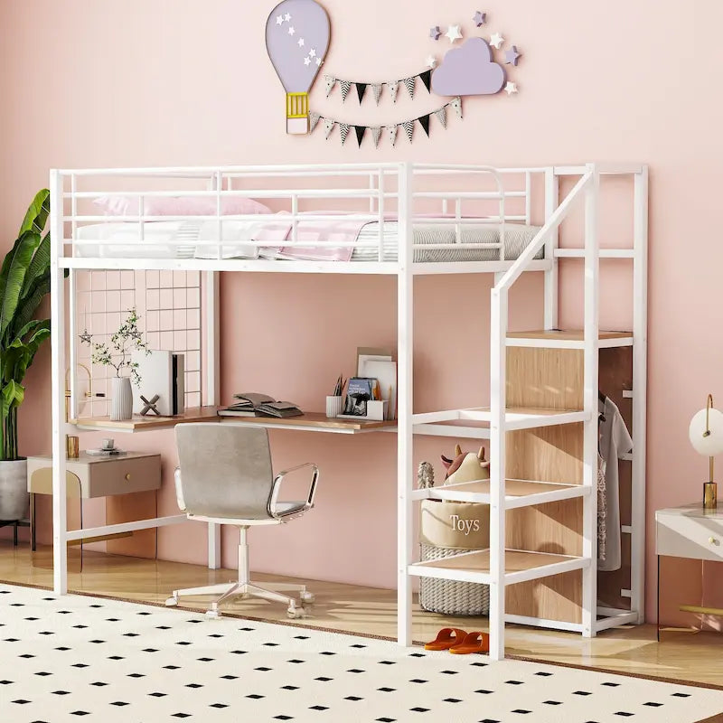 White Twin Metal Loft Bed with L-Shaped Desk and Wardrobe