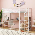 White Twin Metal Loft Bed with L-Shaped Desk and Wardrobe