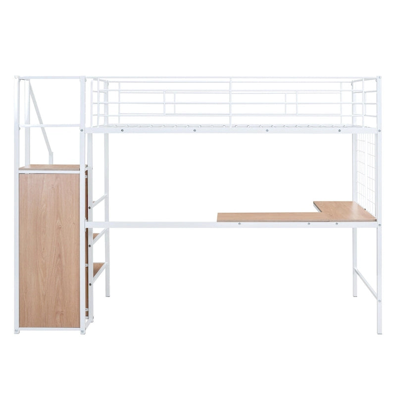 White Twin Metal Loft Bed with L-Shaped Desk and Wardrobe