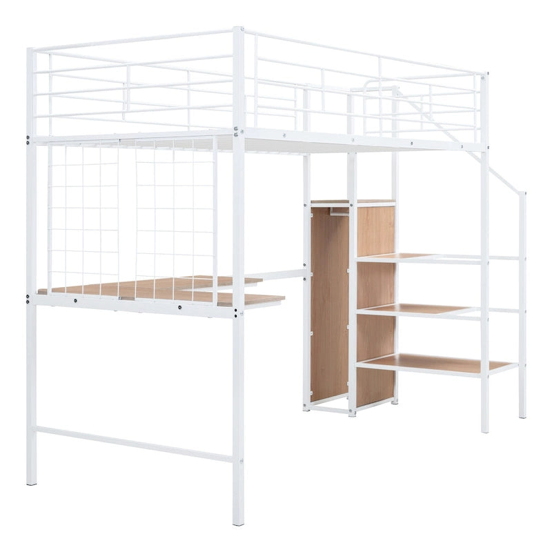 White Twin Metal Loft Bed with L-Shaped Desk and Wardrobe