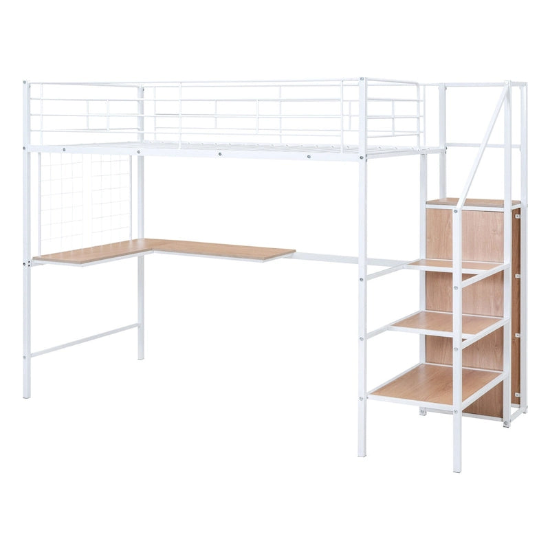 White Twin Metal Loft Bed with L-Shaped Desk and Wardrobe