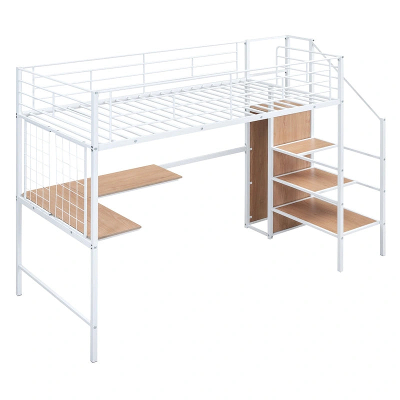 White Twin Metal Loft Bed with L-Shaped Desk and Wardrobe