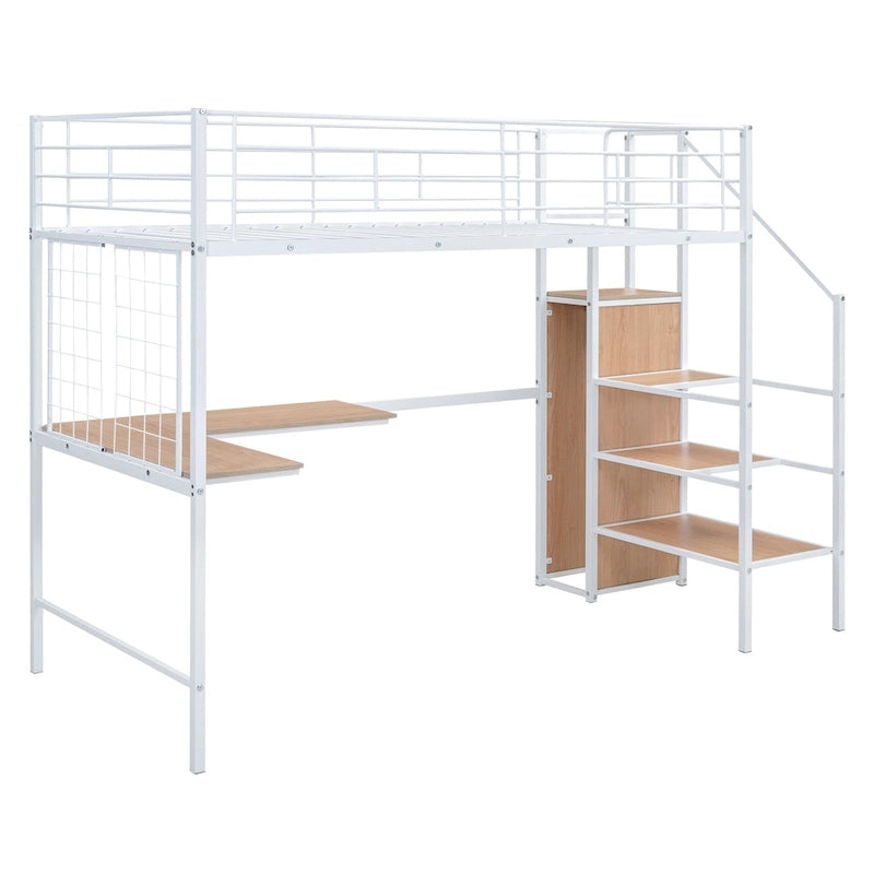 White Twin Metal Loft Bed with L-Shaped Desk and Wardrobe