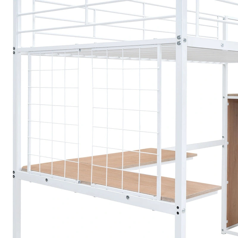 White Twin Metal Loft Bed with L-Shaped Desk and Wardrobe