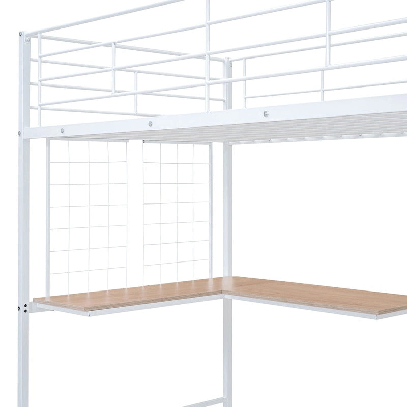 White Twin Metal Loft Bed with L-Shaped Desk and Wardrobe