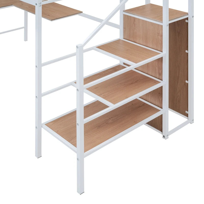 White Twin Metal Loft Bed with L-Shaped Desk and Wardrobe