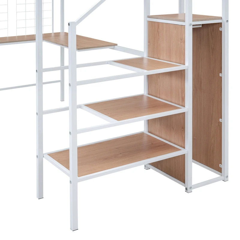 White Twin Metal Loft Bed with L-Shaped Desk and Wardrobe