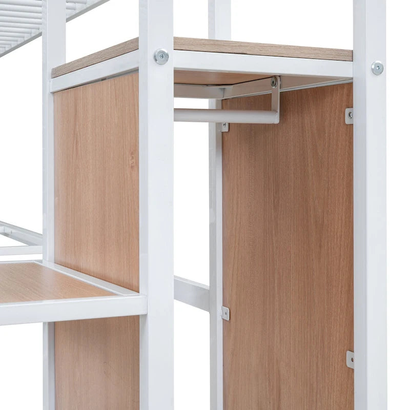 White Twin Metal Loft Bed with L-Shaped Desk and Wardrobe