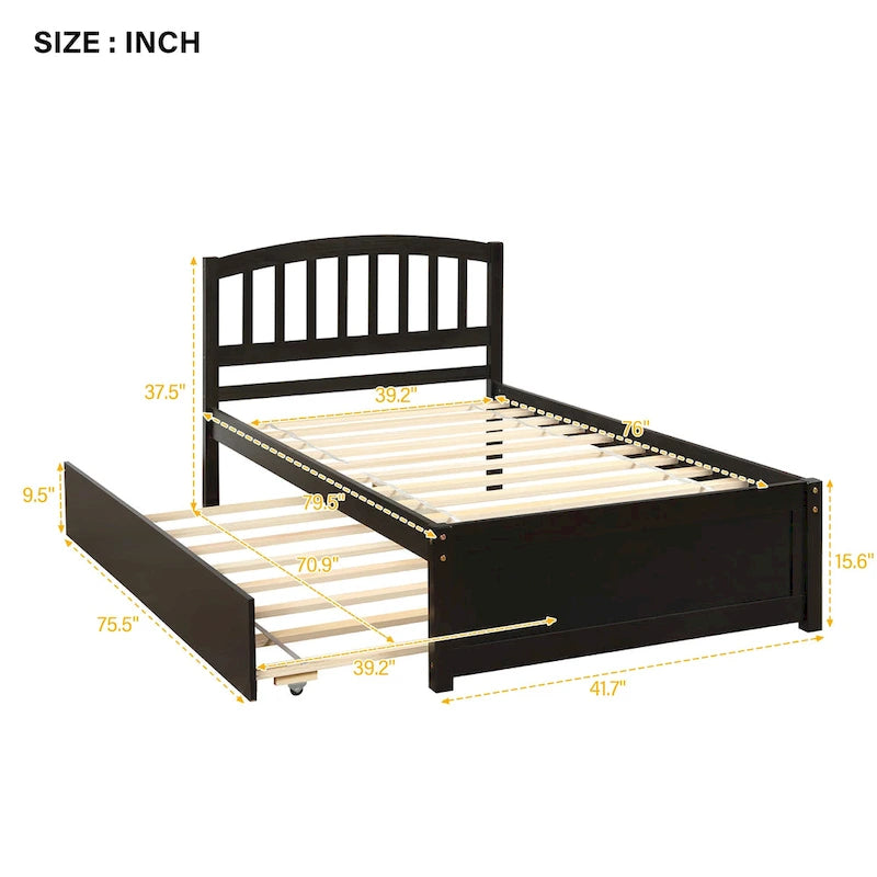 Twin Size Platform Wood Bed with Trundle