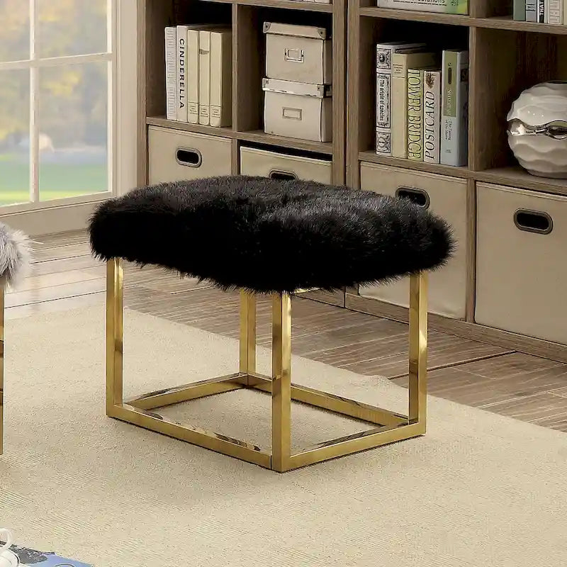 Faux Fur Accent Bench with Champagne Metal Legs, Grey or Black