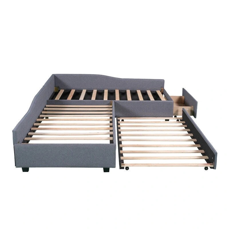 L Shaped Twin Daybed with Trundle, Upholstered Daybed with Storage Drawer, Double Twin Size Floor Platform Bed for Bedroom