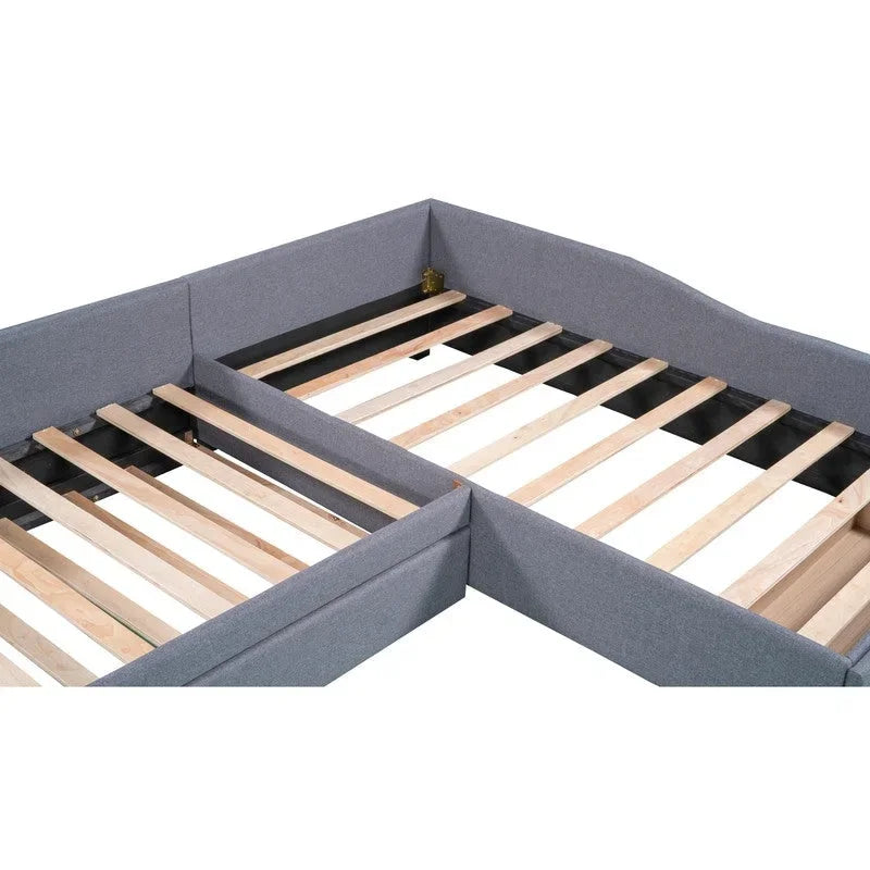 L Shaped Twin Daybed with Trundle, Upholstered Daybed with Storage Drawer, Double Twin Size Floor Platform Bed for Bedroom