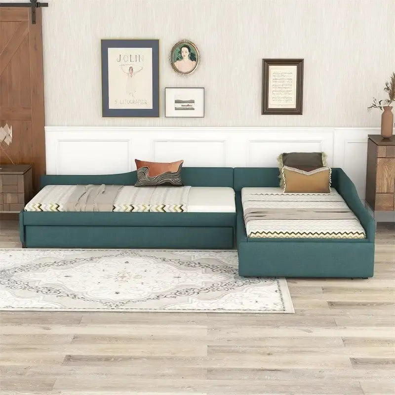 L Shaped Twin Daybed with Trundle, Upholstered Daybed with Storage Drawer, Double Twin Size Floor Platform Bed for Bedroom
