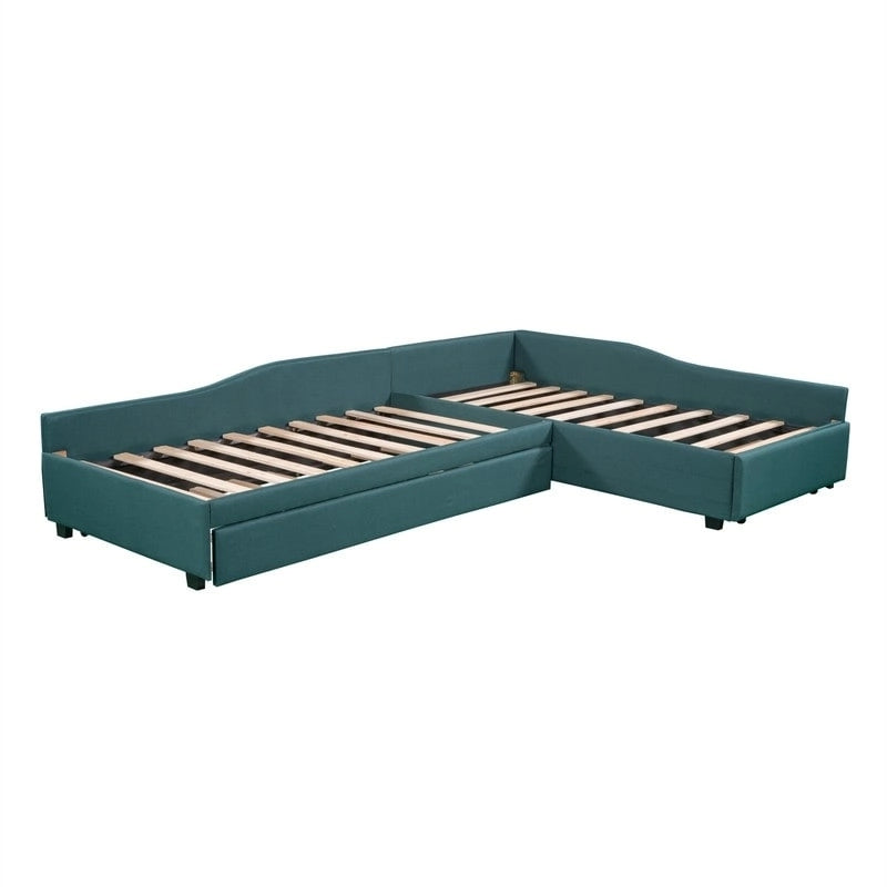 L Shaped Twin Daybed with Trundle, Upholstered Daybed with Storage Drawer, Double Twin Size Floor Platform Bed for Bedroom