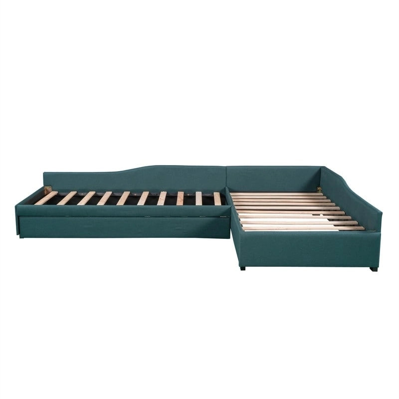 L Shaped Twin Daybed with Trundle, Upholstered Daybed with Storage Drawer, Double Twin Size Floor Platform Bed for Bedroom