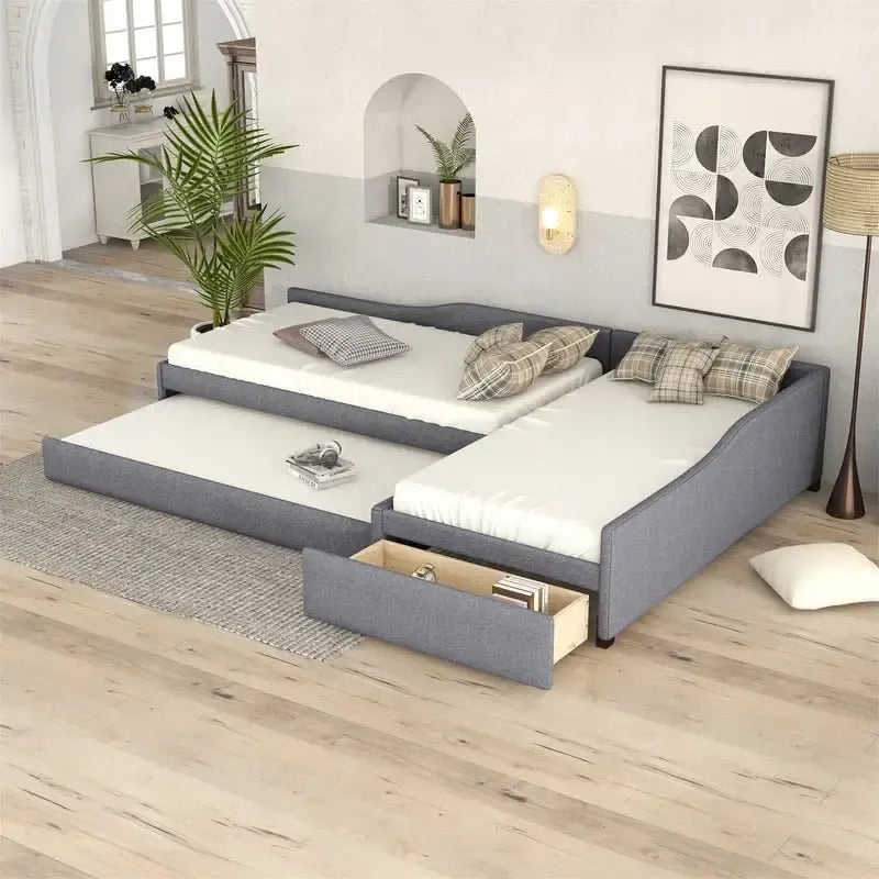 L Shaped Twin Daybed with Trundle, Upholstered Daybed with Storage Drawer, Double Twin Size Floor Platform Bed for Bedroom