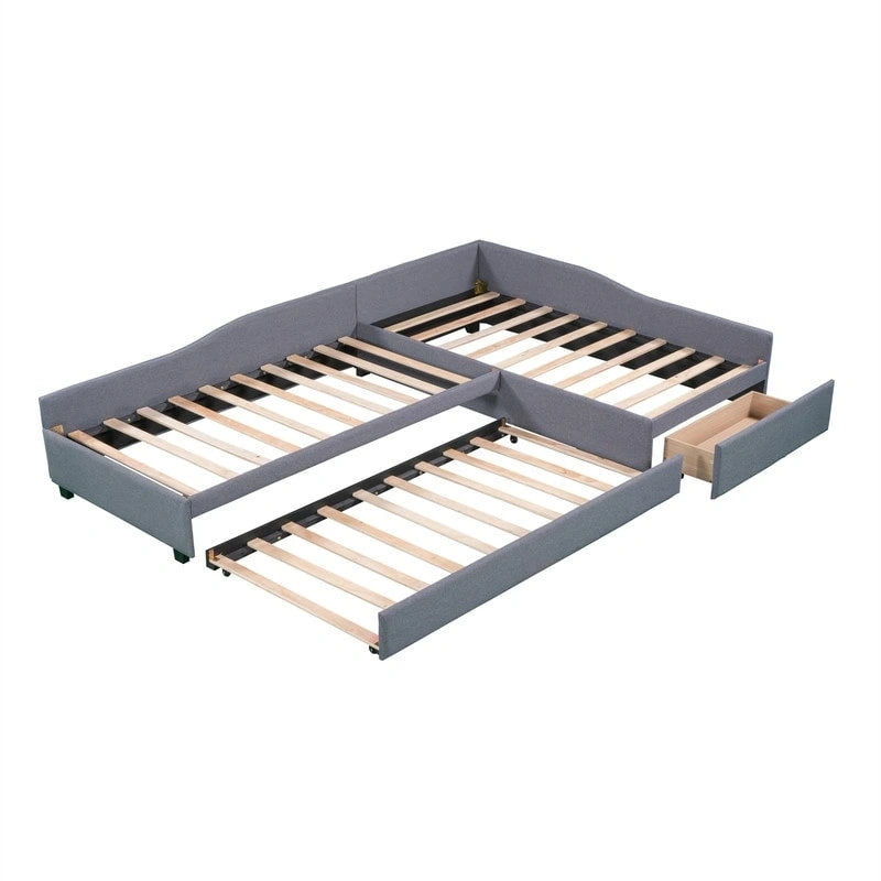 L Shaped Twin Daybed with Trundle, Upholstered Daybed with Storage Drawer, Double Twin Size Floor Platform Bed for Bedroom