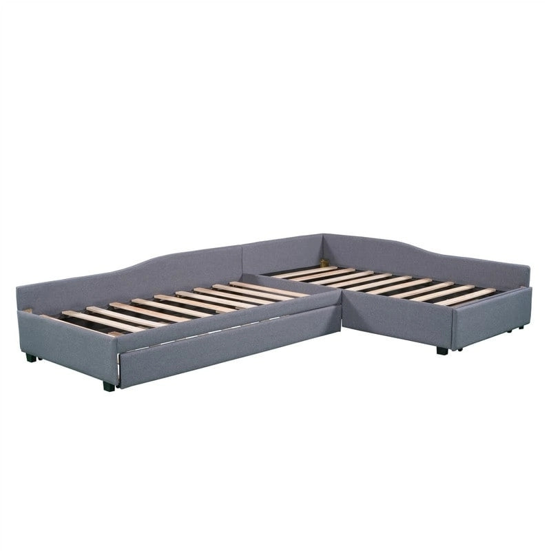 L Shaped Twin Daybed with Trundle, Upholstered Daybed with Storage Drawer, Double Twin Size Floor Platform Bed for Bedroom