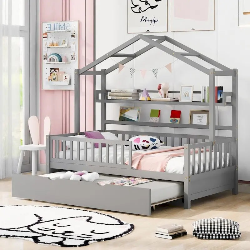Wooden Full Size House Bed with Twin Size Trundle