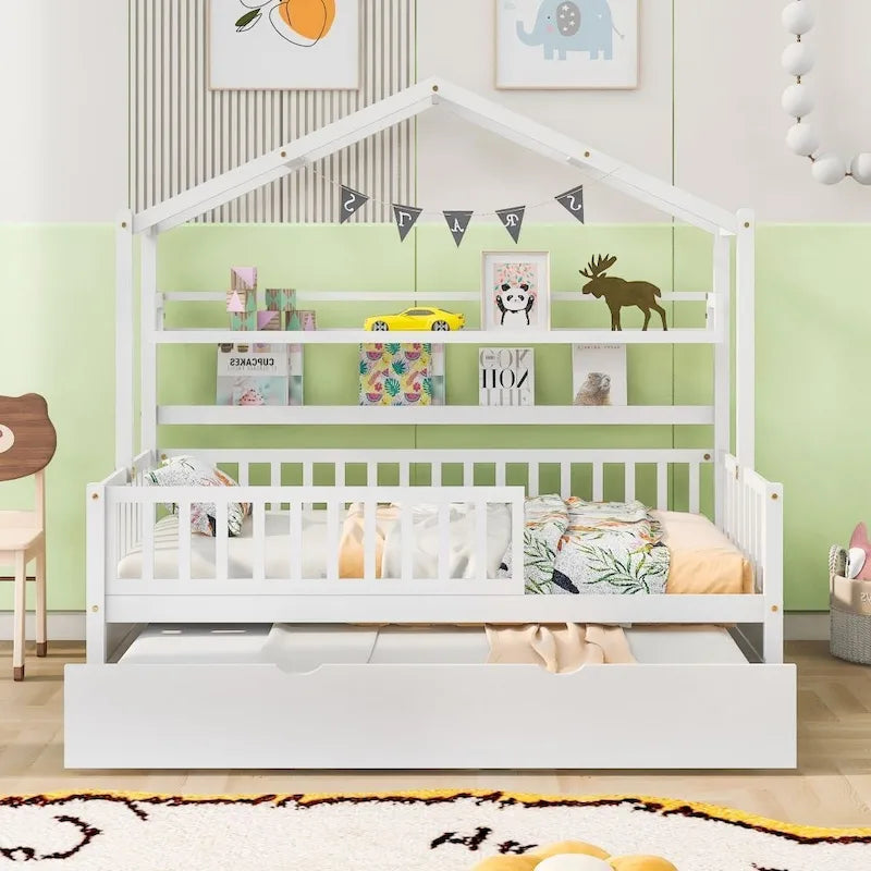 Wooden Full Size House Bed with Twin Size Trundle