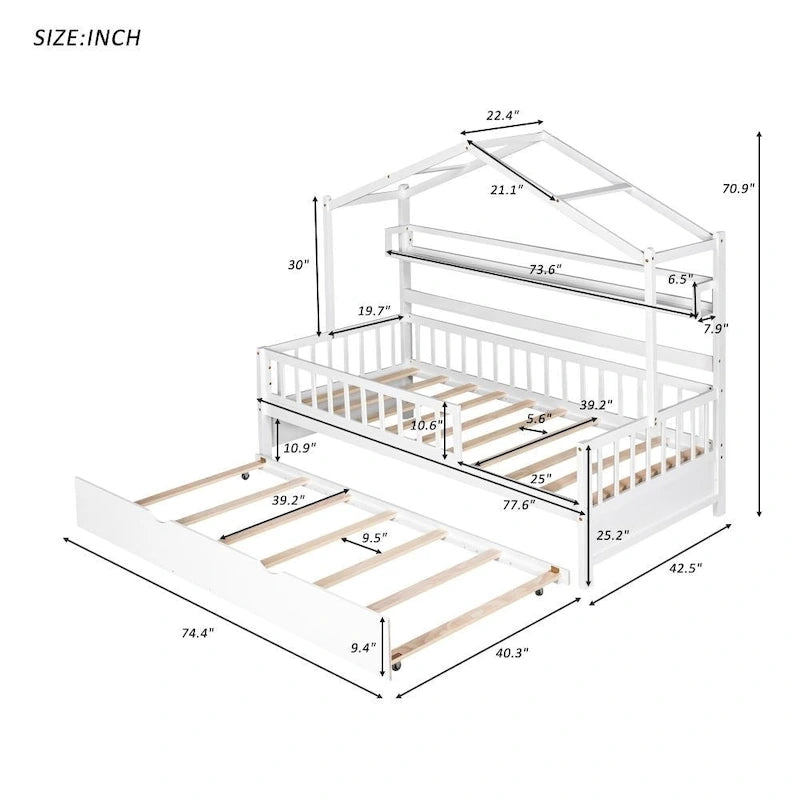Wooden Full Size House Bed with Twin Size Trundle