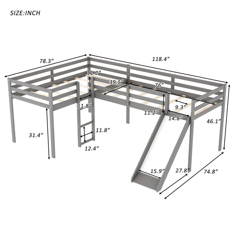 Kids Twin Wood Loft Bed with Built-in Slide and Corner Ladder