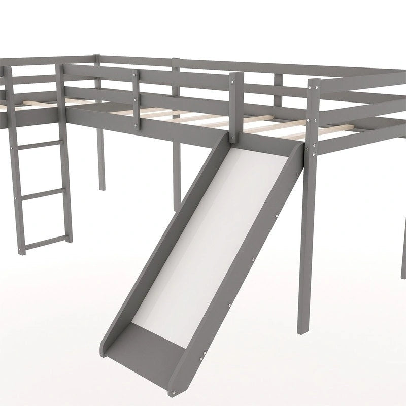 Kids Twin Wood Loft Bed with Built-in Slide and Corner Ladder
