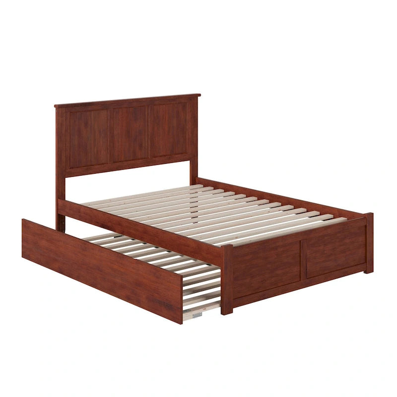 Walnut Brown Full Size Solid Wood Platform Bed with Footboard and Panel Headboard