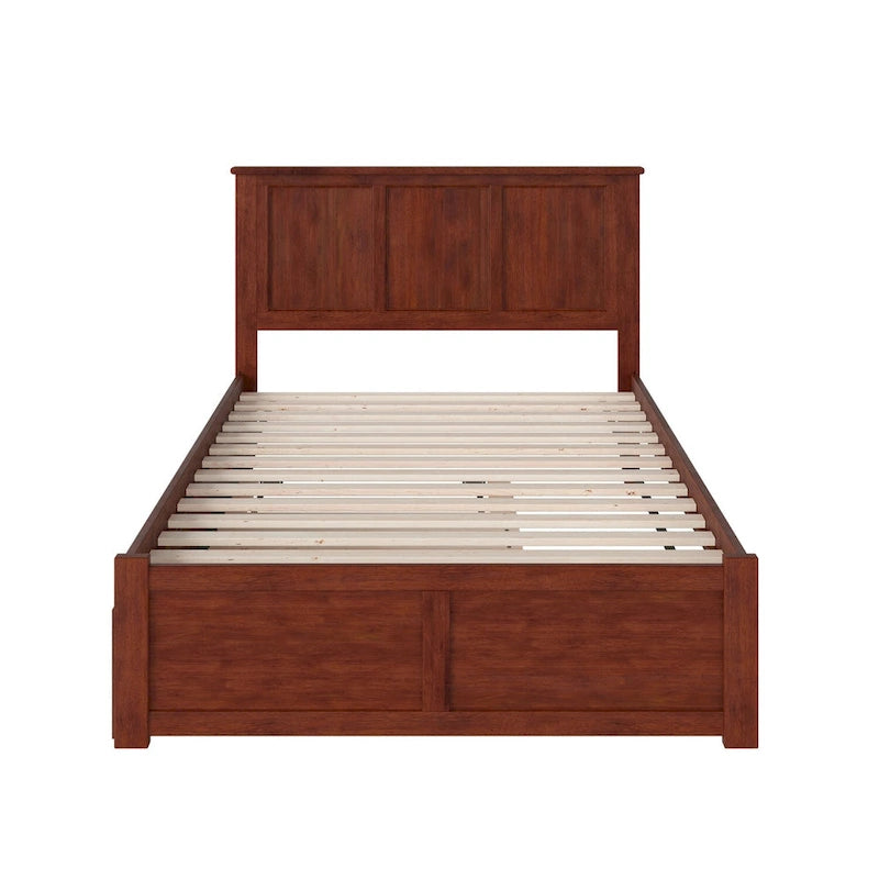 Walnut Brown Full Size Solid Wood Platform Bed with Footboard and Panel Headboard