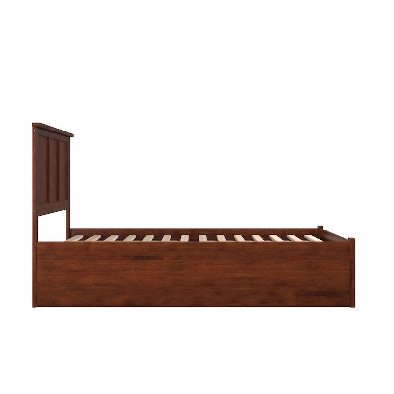 Walnut Brown Full Size Solid Wood Platform Bed with Footboard and Panel Headboard