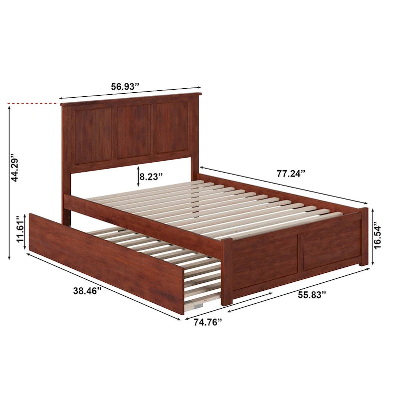 Walnut Brown Full Size Solid Wood Platform Bed with Footboard and Panel Headboard