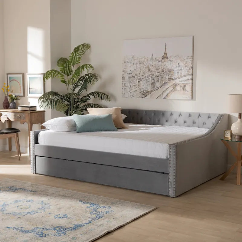 Velvet Upholstered Daybed with Button Tufting and Nailhead Trim