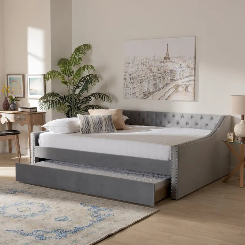 Velvet Upholstered Daybed with Button Tufting and Nailhead Trim