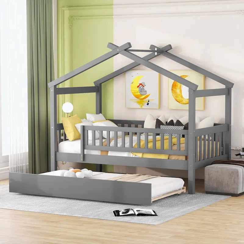 Wooden House Bed with Twin Size Trundle