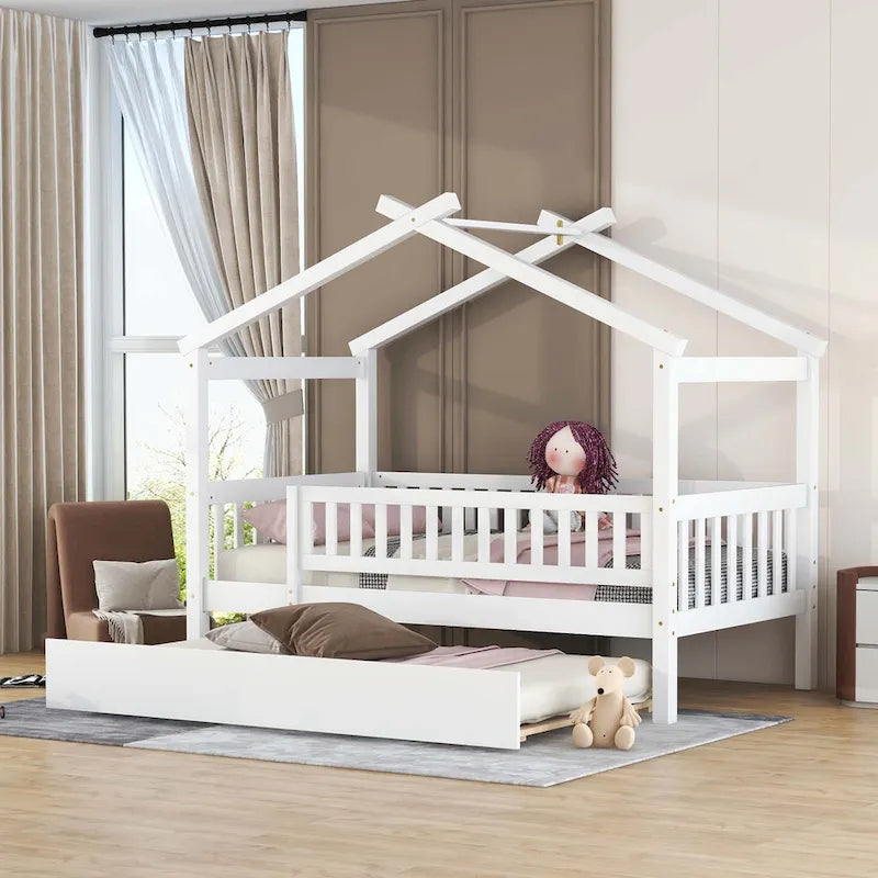 House-Shaped Kids Platform Bed with Roll-Out Trundle, Wood Frame