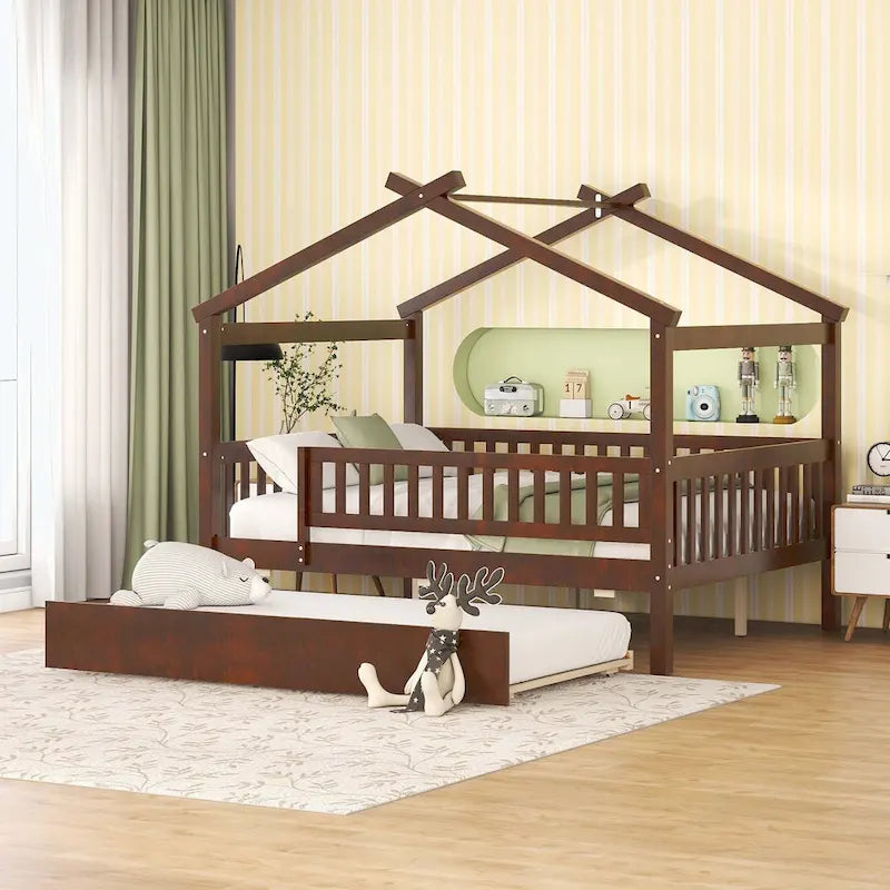 House-Shaped Kids Platform Bed with Roll-Out Trundle, Wood Frame