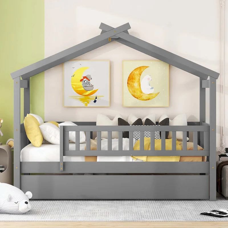 House-Shaped Kids Platform Bed with Roll-Out Trundle, Wood Frame