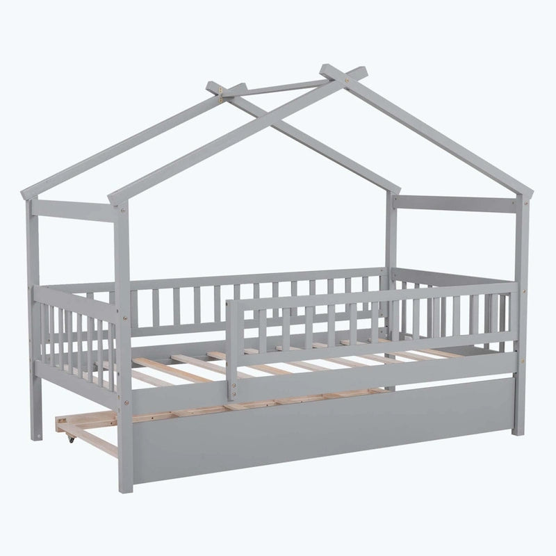 House-Shaped Kids Platform Bed with Roll-Out Trundle, Wood Frame