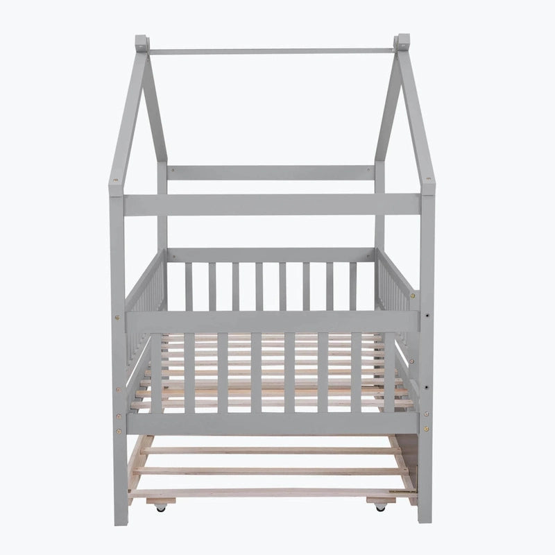 House-Shaped Kids Platform Bed with Roll-Out Trundle, Wood Frame